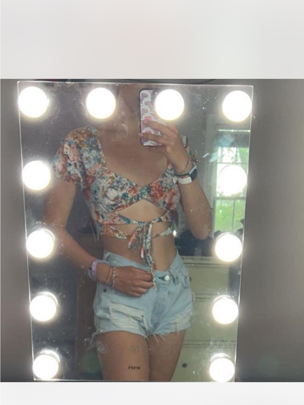 SHEIN Floral Tie-Front Crop Top in Blue, Orange, White